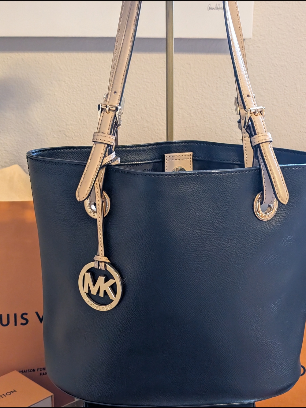 Michael Kors Navy Leather Tote with Beige Straps Wallet Is Included